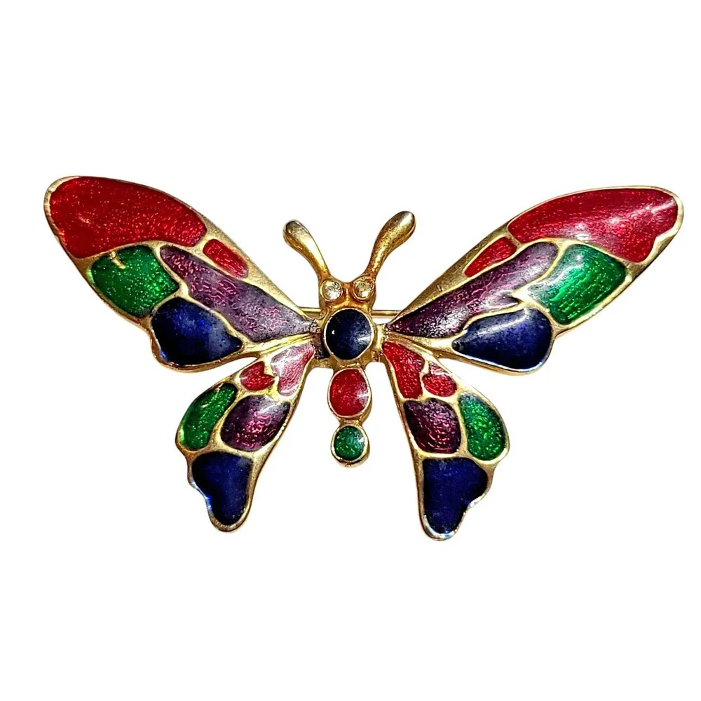 Vintage Beautiful Colorful Enameled Gold Tone Butterfly Rhinestone Brooch Pin
